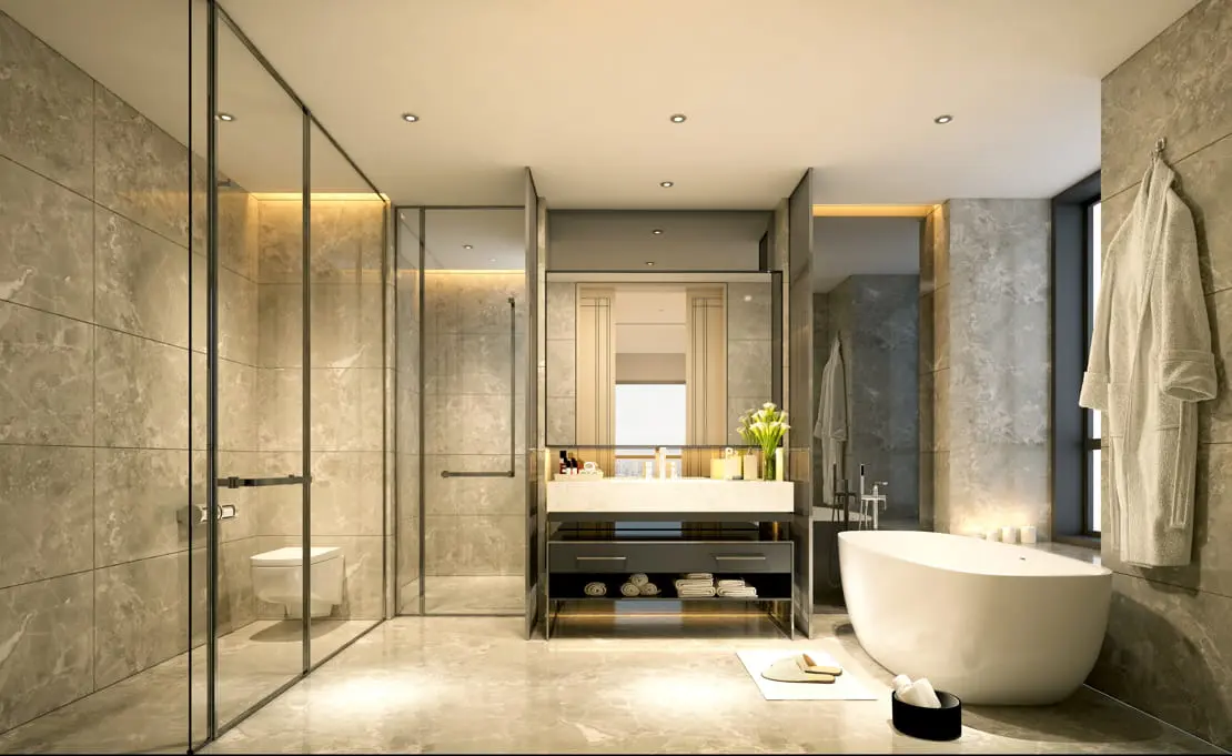Luxusní koupelna s aromatickými svíčkami a centrálním prostorem, kde se nachází umyvadlo, toaleta a vana