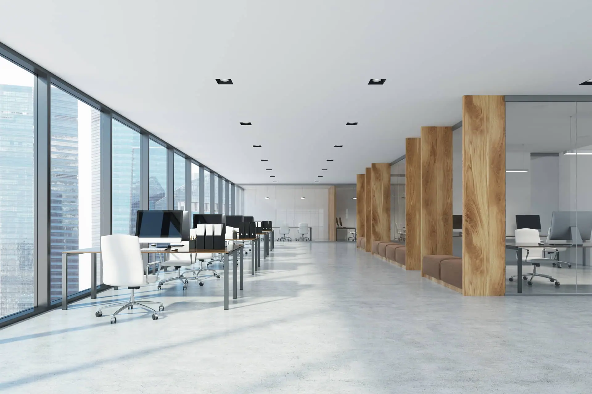 Velká luxusní kancelář s podlahou z mikrocementu
