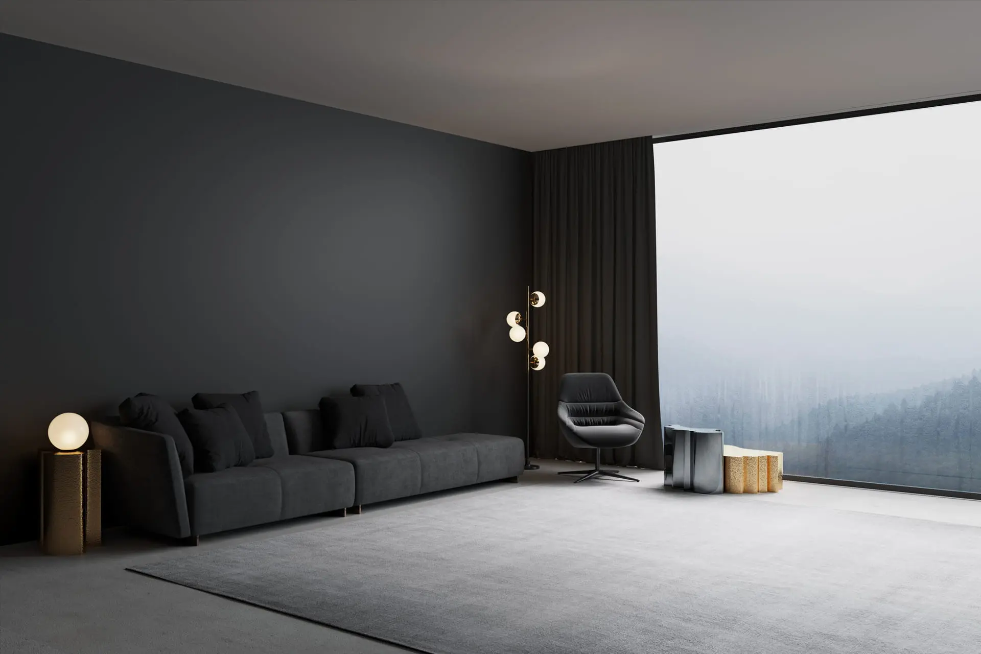 Moderne stue dekoreret med mørkfarvet mikrocement