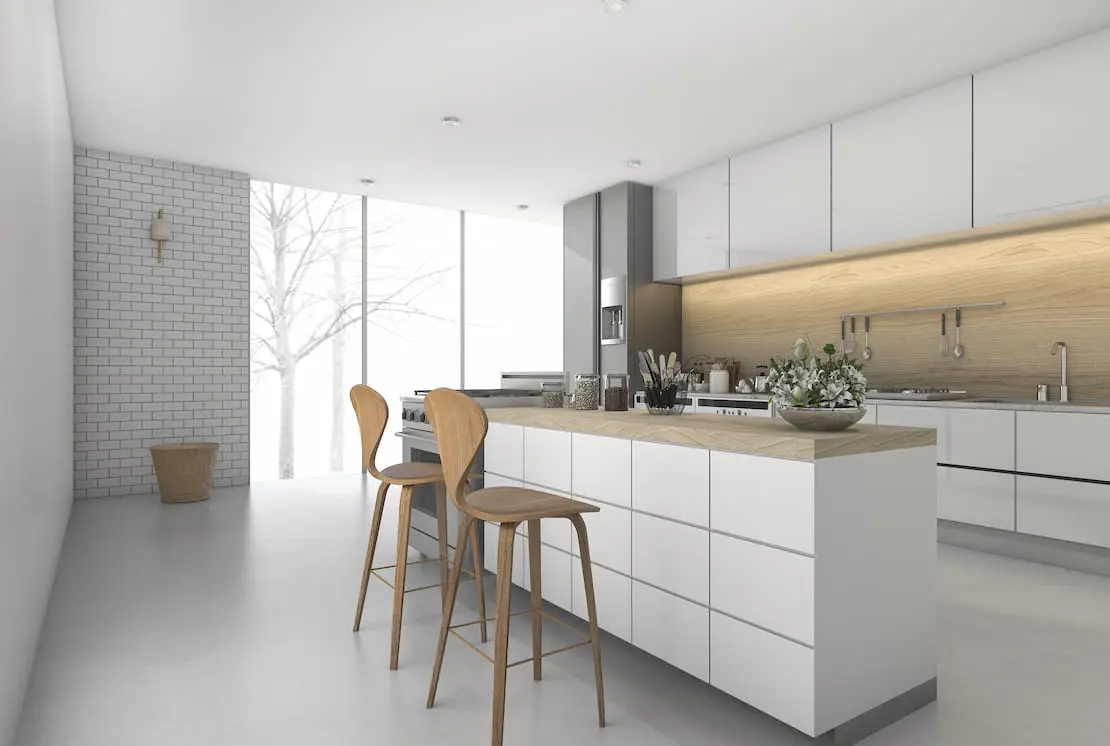 Mikrozement in minimalistischer Küche mit vollständiger weißer Abdeckung