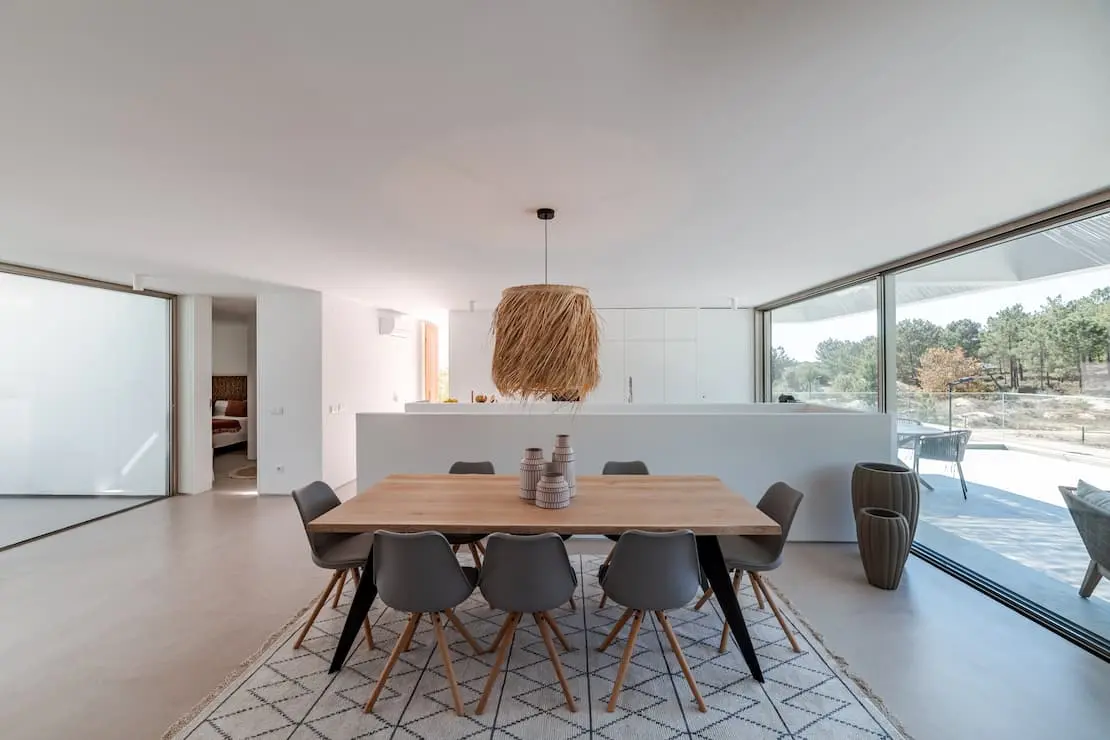 Beautiful dining room covered with decorative cement flooring