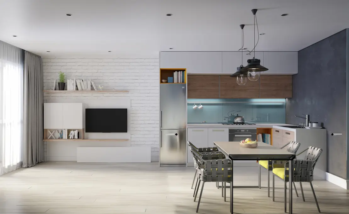 Kitchen with light-colored microcement countertop