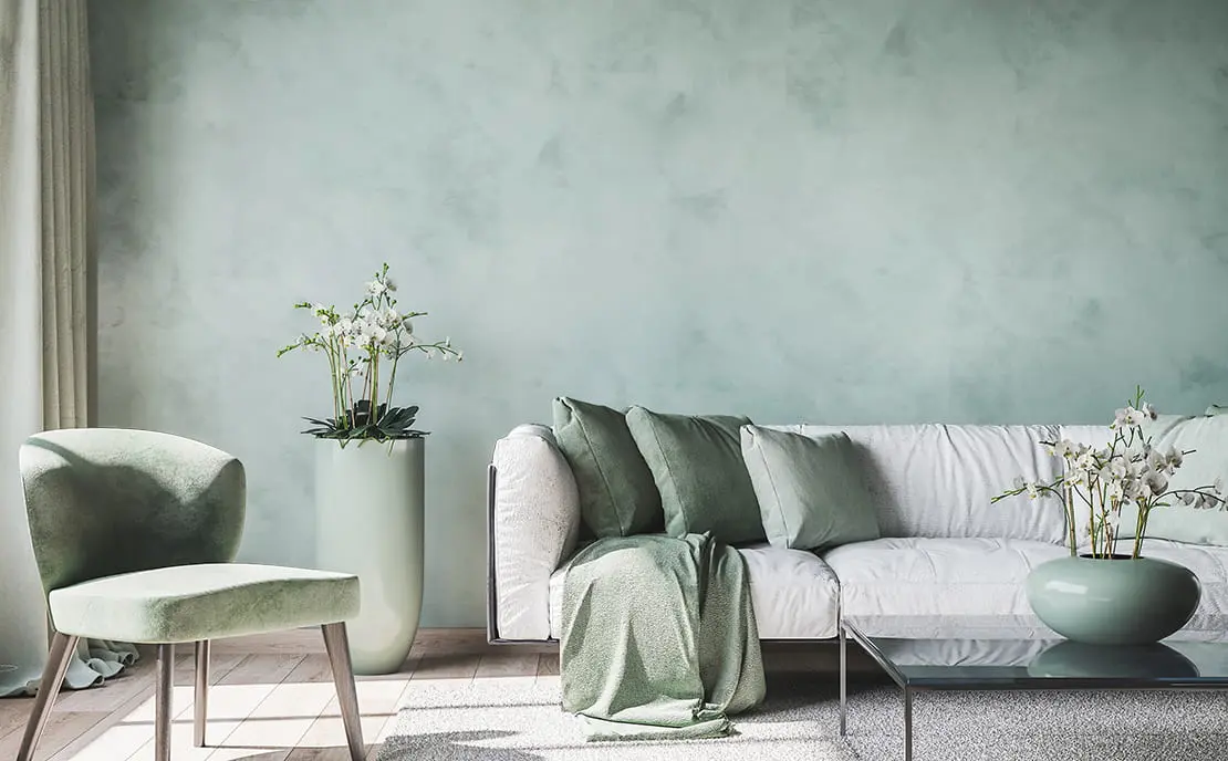 Living room with blue Venetian stucco wall