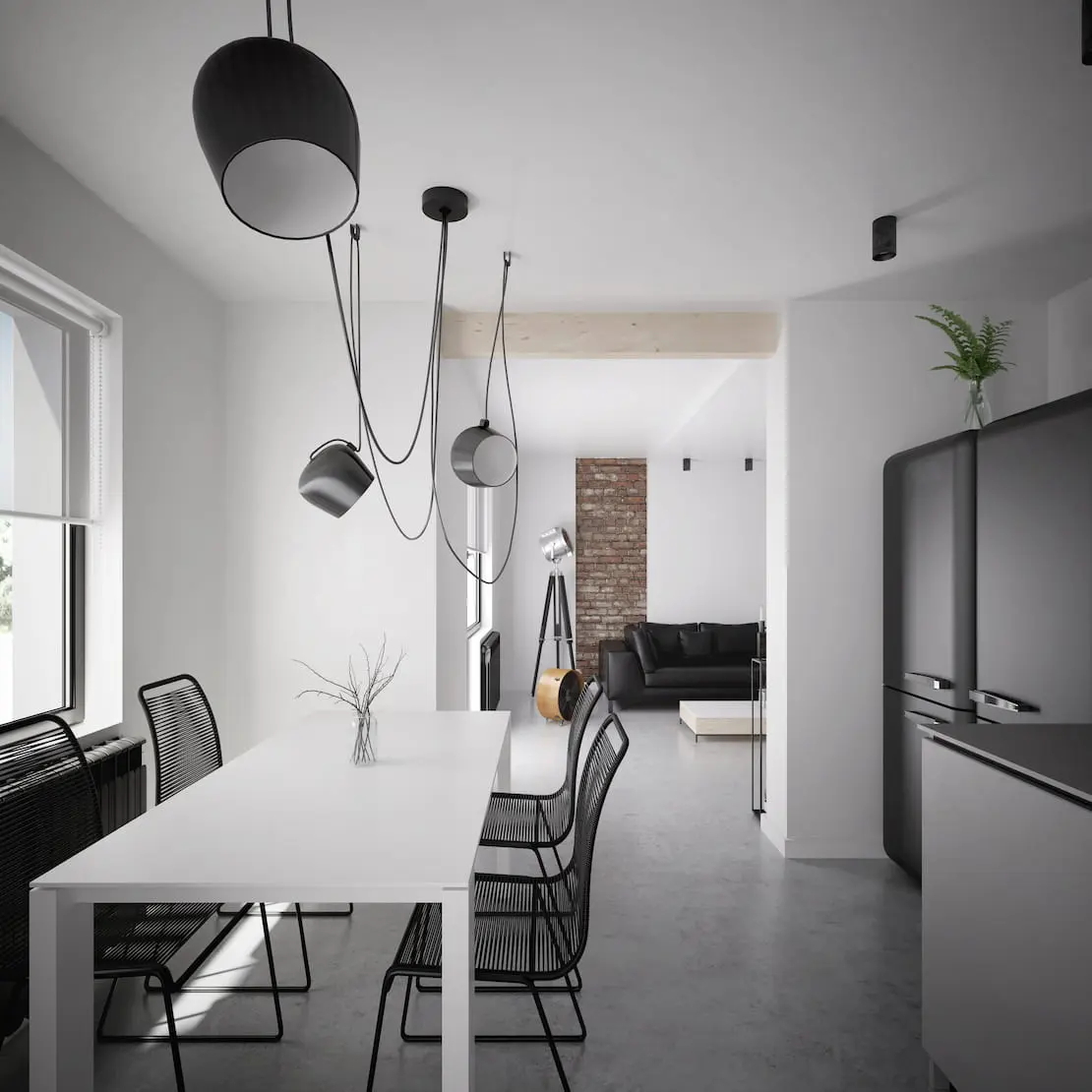 Microcement in kitchen with black and white details
