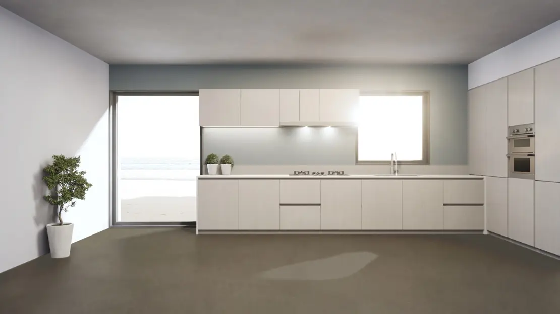 Brown microcement floor in a bright kitchen