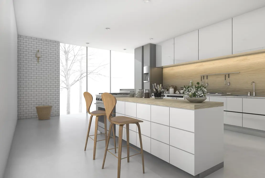 Wooden countertop in a luxury kitchen decorated with neutral tones