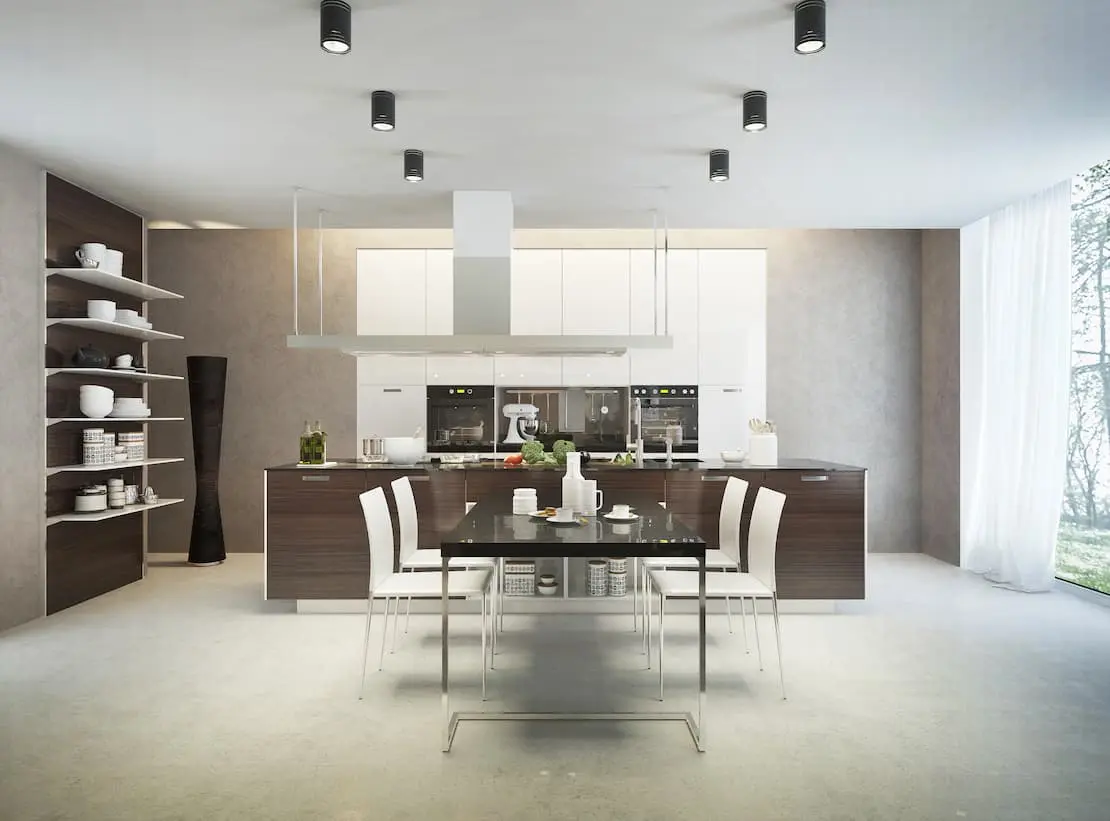 Kitchen with wall cladding in small wood detail