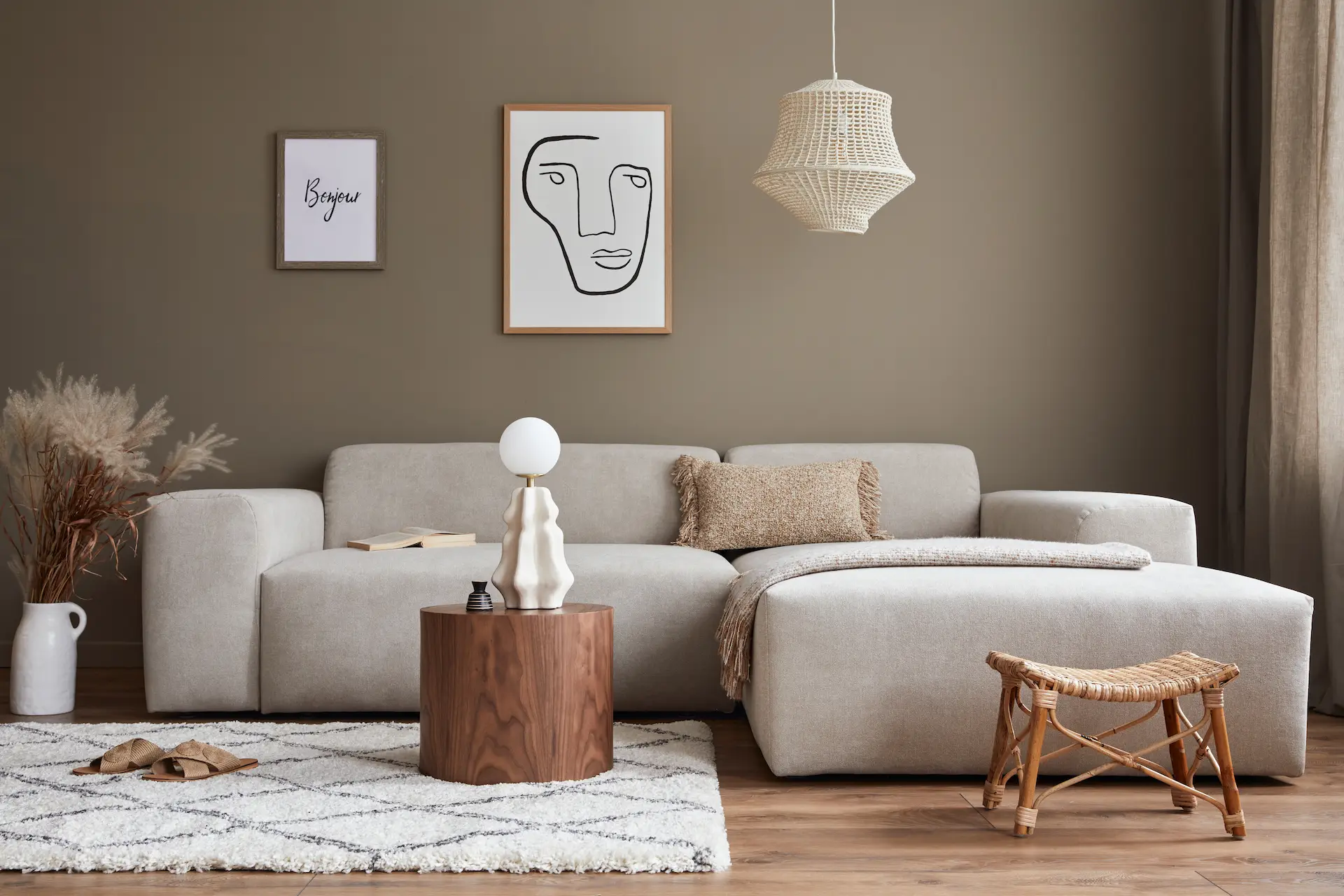 living room with beige microcement walls