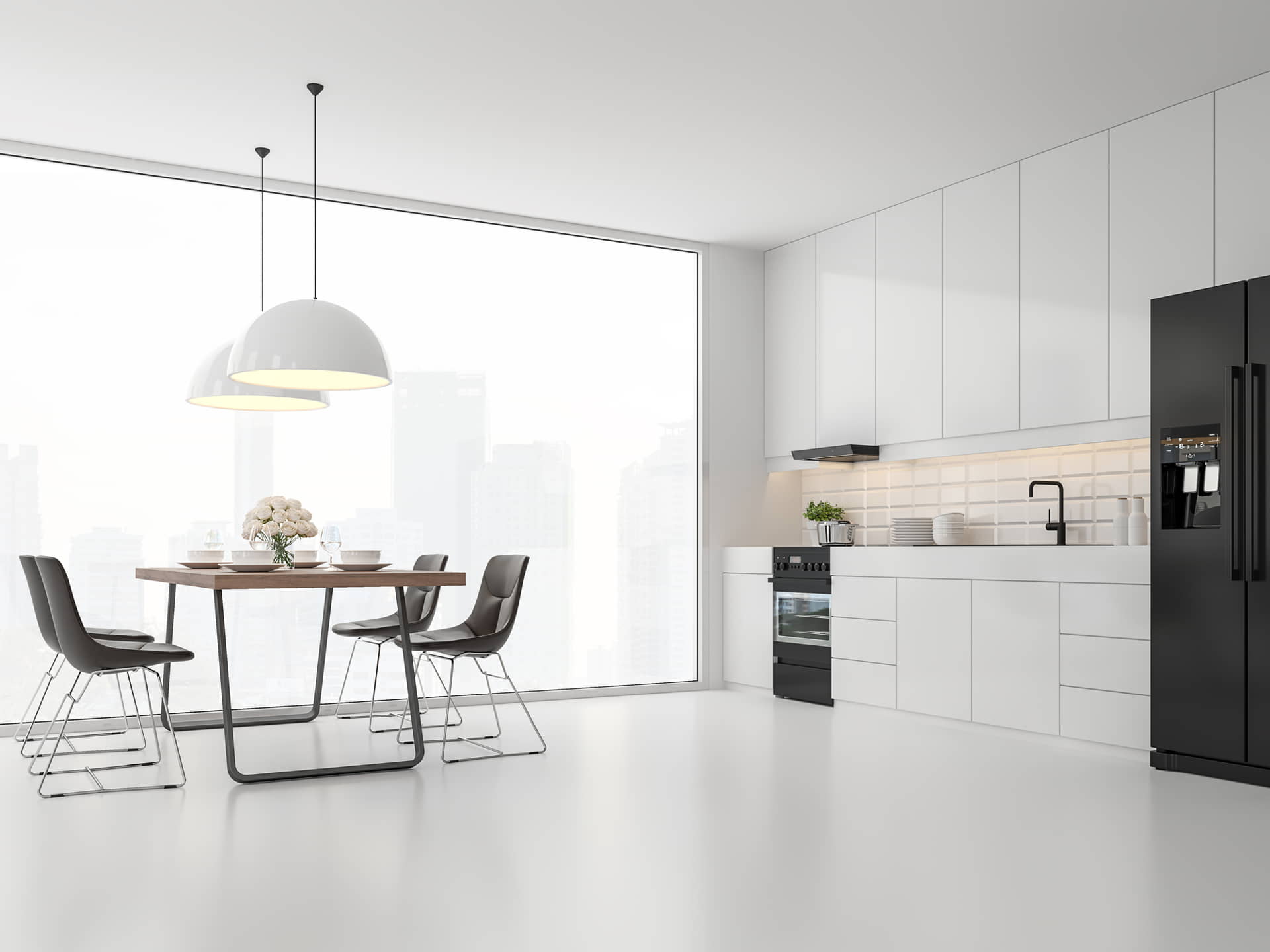 Valgustatud modernne köök valge mikrotsemendi põrandaga