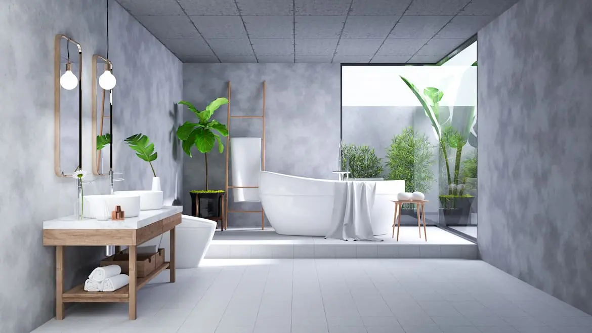 Kylpyhuoneen pinnoitus mikrosementtilattialla ja puudetaljeilla