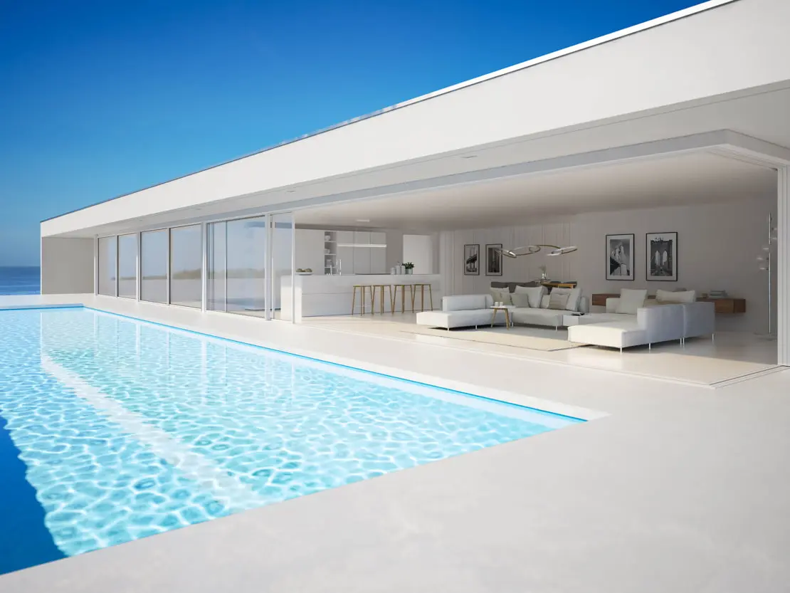 Béton ciré sur la terrasse d'une maison de luxe avec vue sur la mer