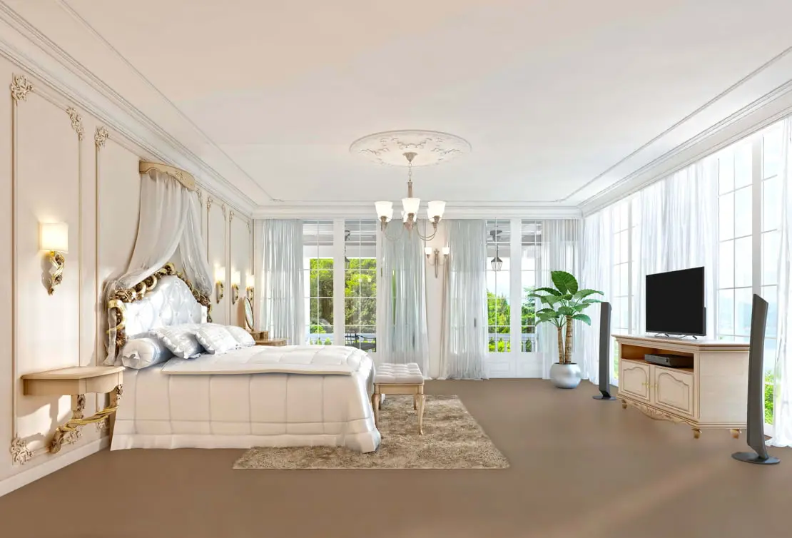 Chambre de luxe avec béton ciré au sol pour renforcer la lumière de la pièce