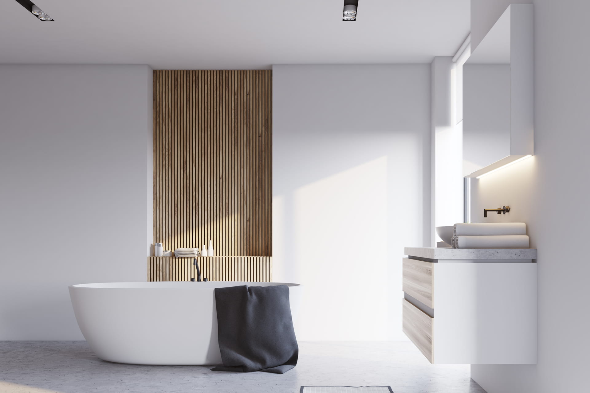 Modern fürdőszoba fehér színű mikrocementtel burkolva