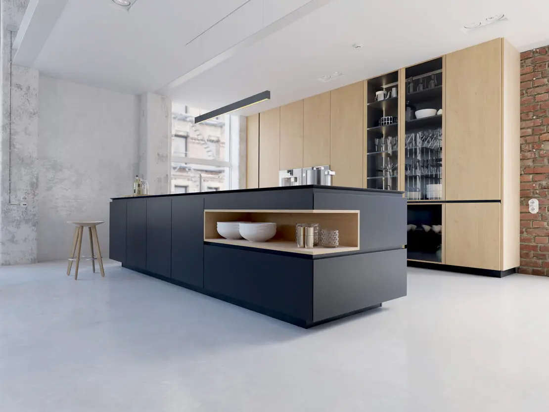 Dapur mikrosemen di mana perabotan yang indah digabungkan dengan dinding bata ekspos