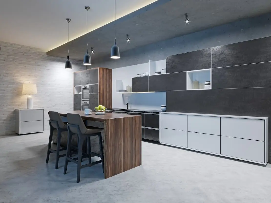 Dapur modern dengan pelapis dinding batu dalam warna abu-abu
