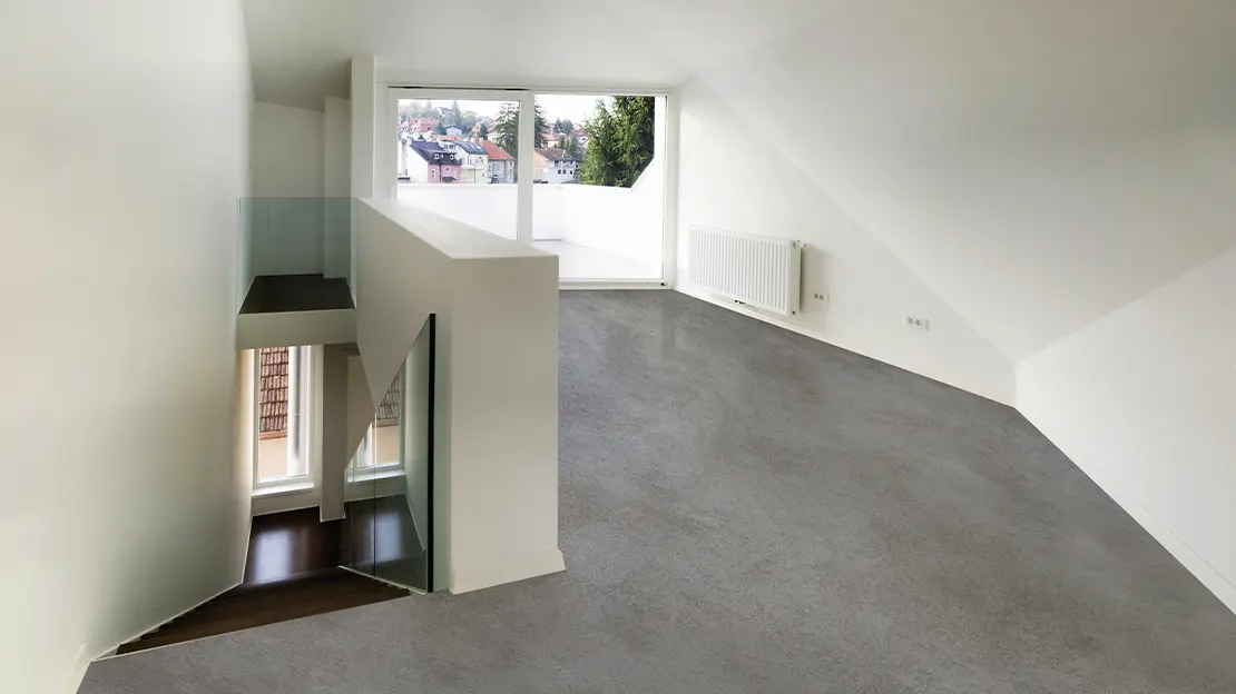 폴리싱 콘크리트 바닥이 있는 주방