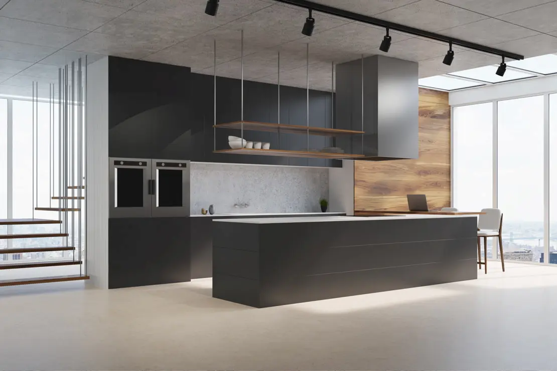 Atvira virtuvė su bežės spalvos mikrocemento grindimis