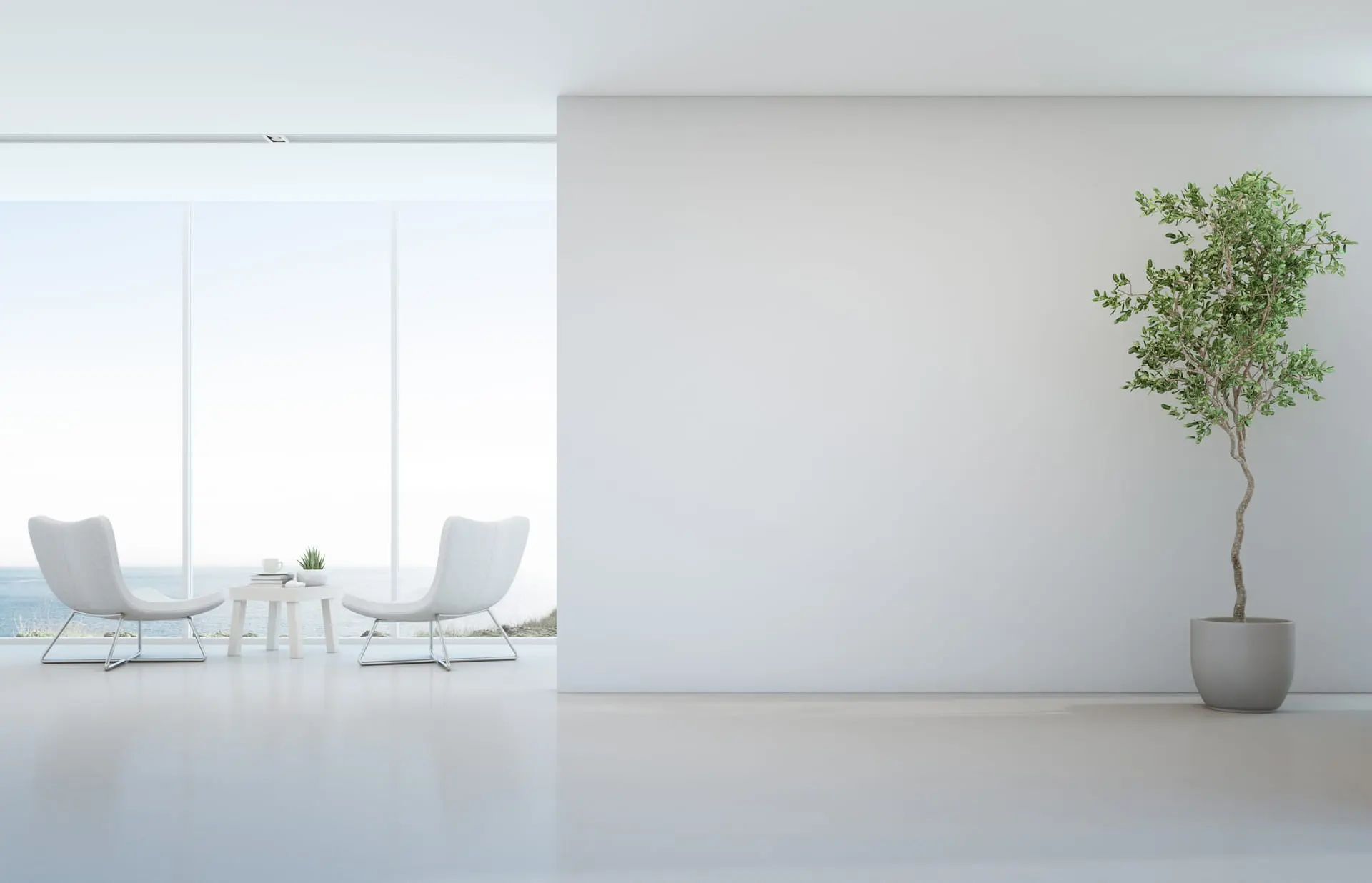 Sala tal-living ta 'stil minimalistiku f'toni ċari