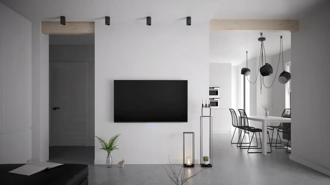 Moderne stue i minimalistisk stil med mikrosementgulv
