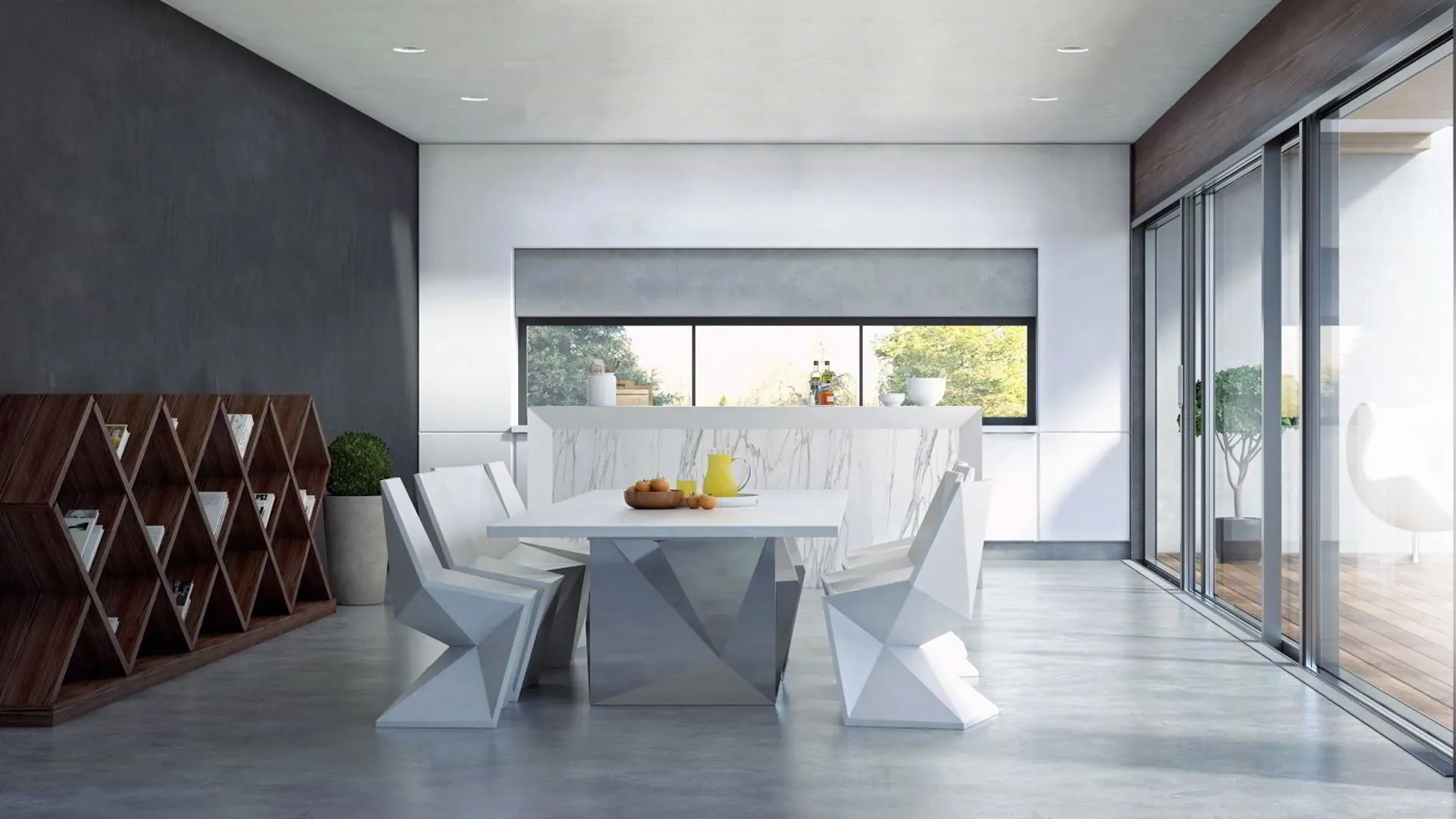 Luksuriøs moderne stue med grå mikrosement på gulv og vegg