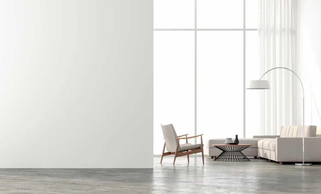 Luksusowy salon w stylu nordyckim z minimalistycznym wystrojem