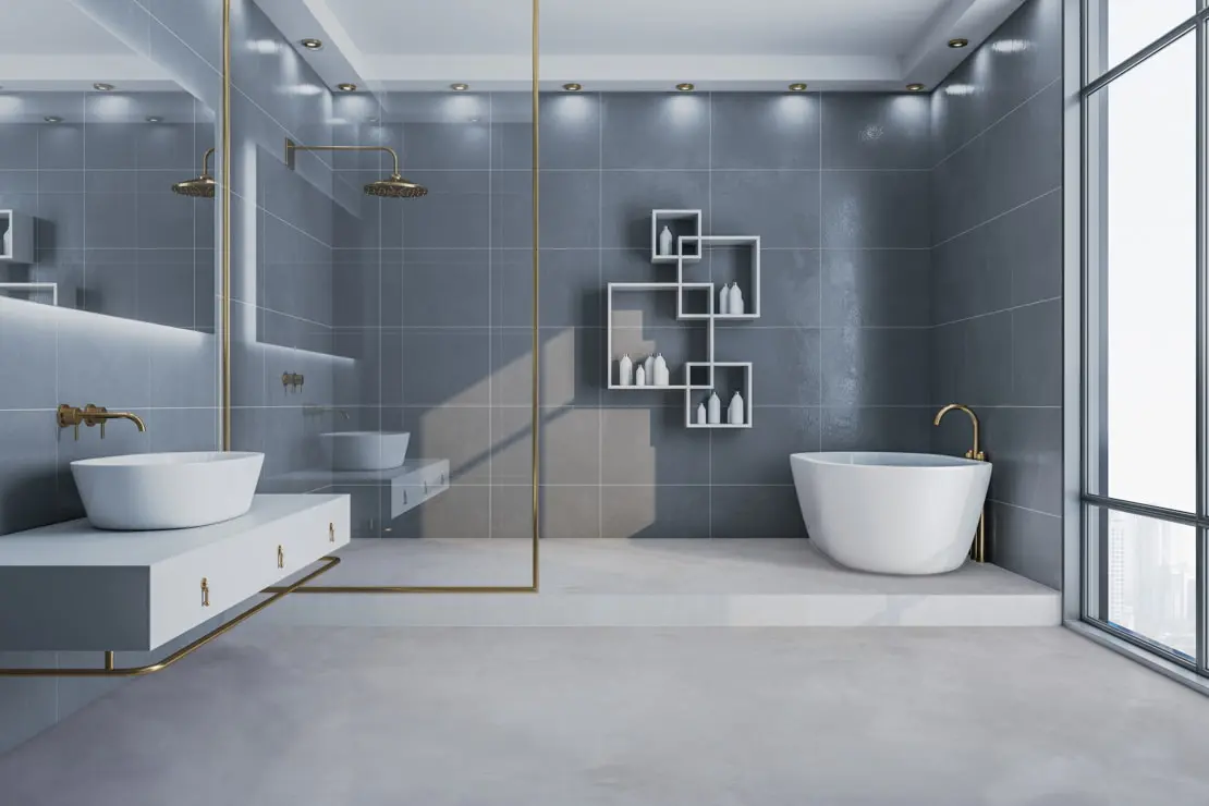 Nötr tonlarda ve minimalist bir atmosferde lüks bir banyoda mikro çimento zemin