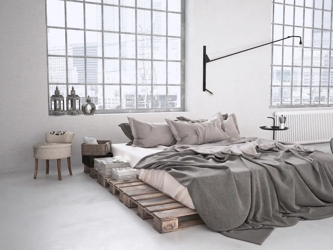 Phòng ngủ với sàn bằng microcemento